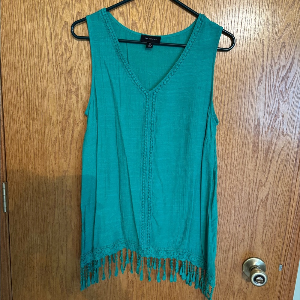 Teal Sleeveless Fringe Top